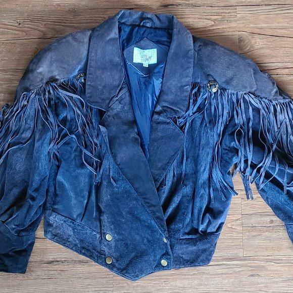 Vintage blue leather western fringe tasseled jacket womens small/medium - Picture 1 of 8